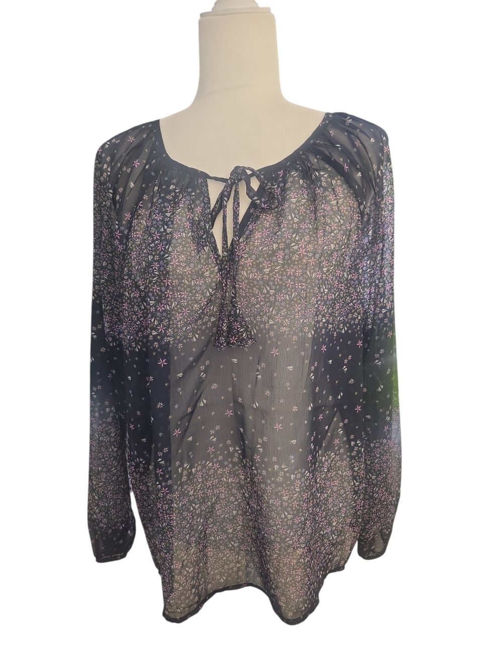 Liverpool Black Sheer Tie-Front Blouse with Pink Floral Print